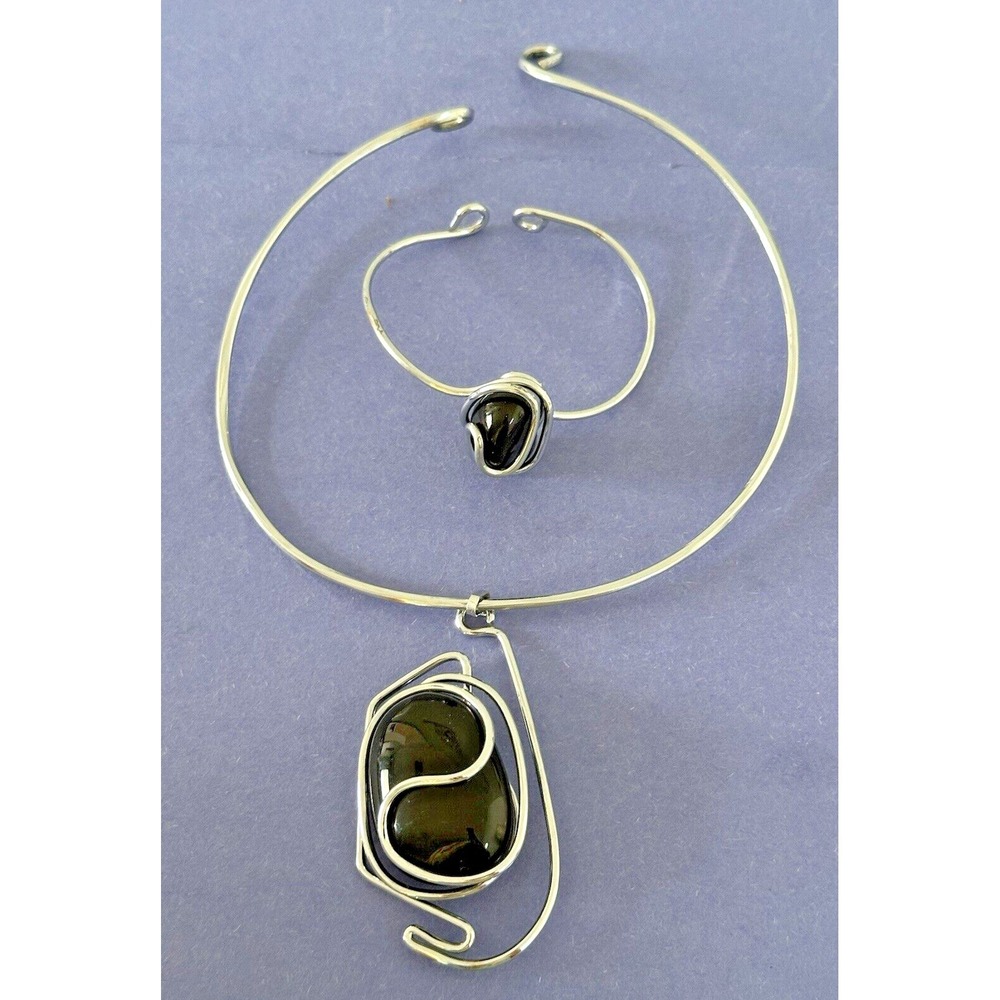 Necklace Bracelet Set Black Quartz Stone Silver Wire Handmade Collar Stunning
